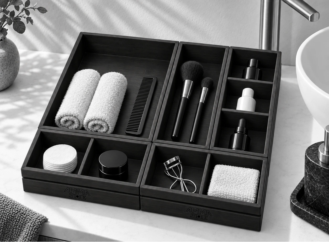 Les boîtes en bambou noir organisent les soins et accessoires dans une salle de bain monochrome