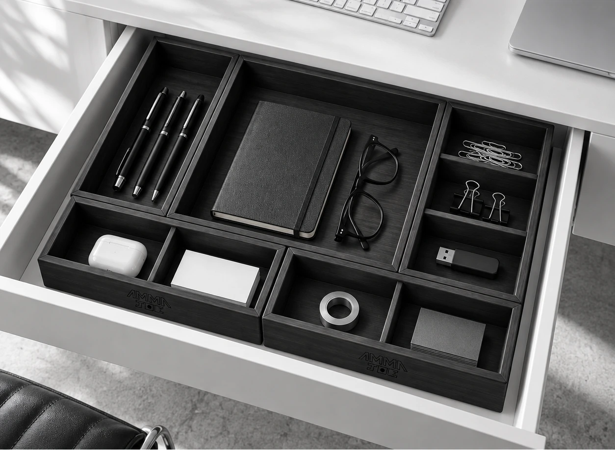 Les organisateurs BAMBOX sur un bureau contemporain, avec des fournitures soigneusement rangées